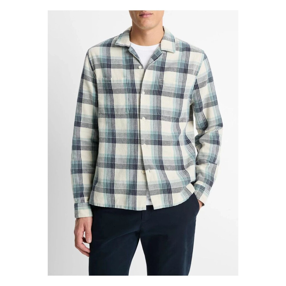 VINCE Button Up Shirt Mens Medium Cream Green Plaid Pocket Flannel Hemp $268